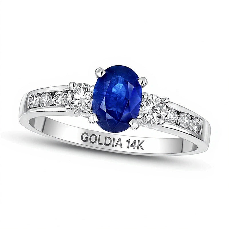 Oval Blue Sapphire and 0.38 CT. TW Diamond Three Stone Ring in 14K White Gold