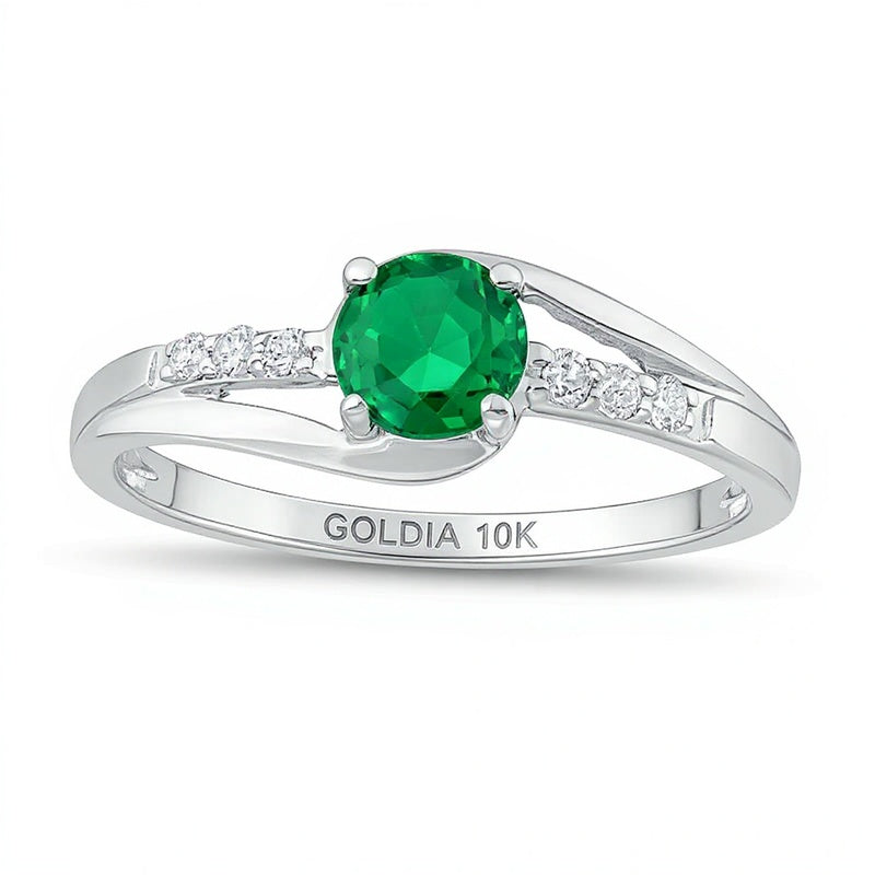 5.0mm Lab-Created Emerald and 0.07 CT. TW Diamond Split Shank Bypass Ring in 10K White Gold