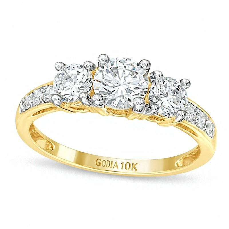 White Lab-Created Sapphire Channel Three Stone Ring in 10K Gold