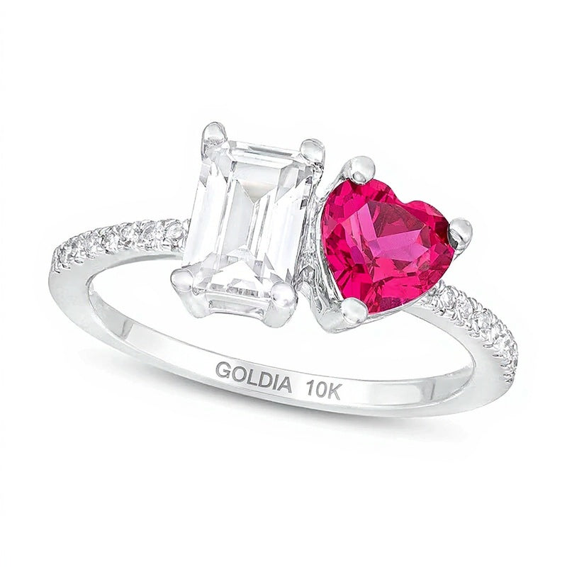 Heart-Shaped Lab-Created Ruby, Emerald-Cut White Lab-Created Sapphire and 0.07 CT. TW Diamond Ring in 10K White Gold