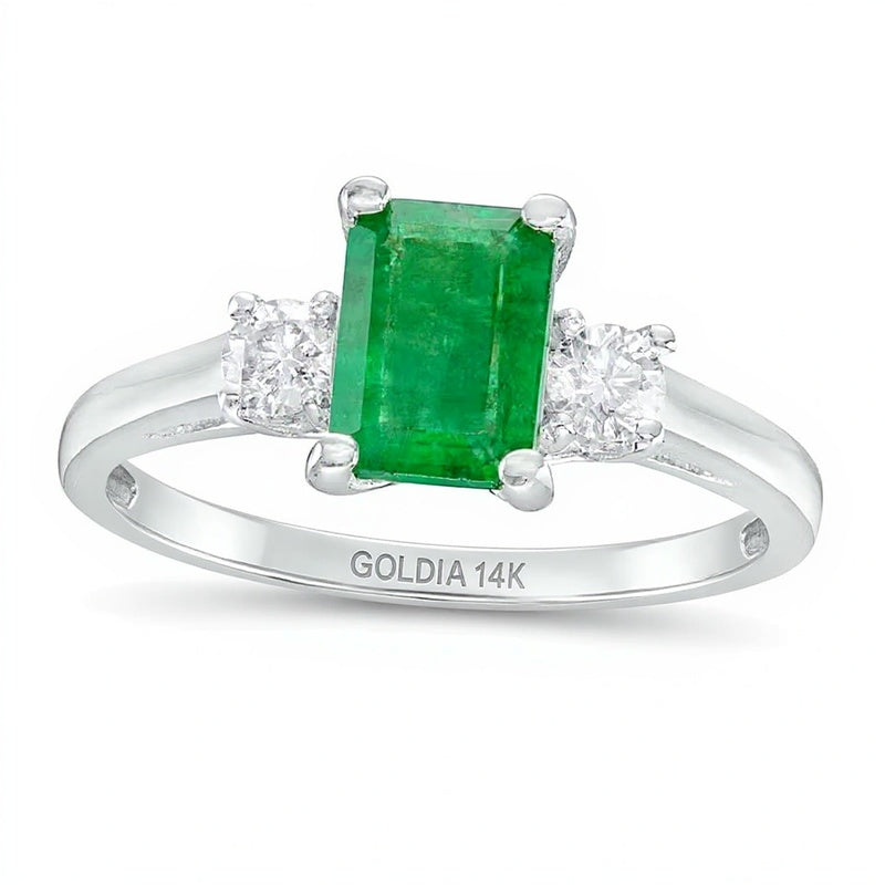 Emerald-Cut Emerald and 0.2 CT. TW Diamond Three Stone Ring in 14K White Gold