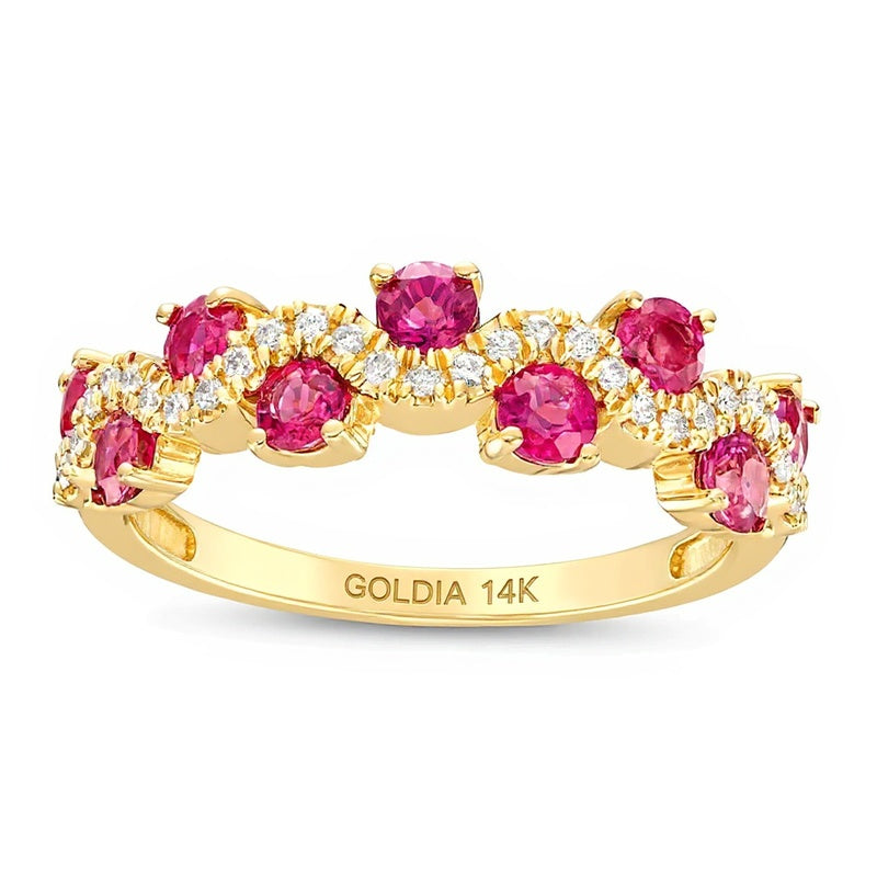 3.0mm Ruby and 0.17 CT. TW Diamond Staggered Wave Band in 14K Gold