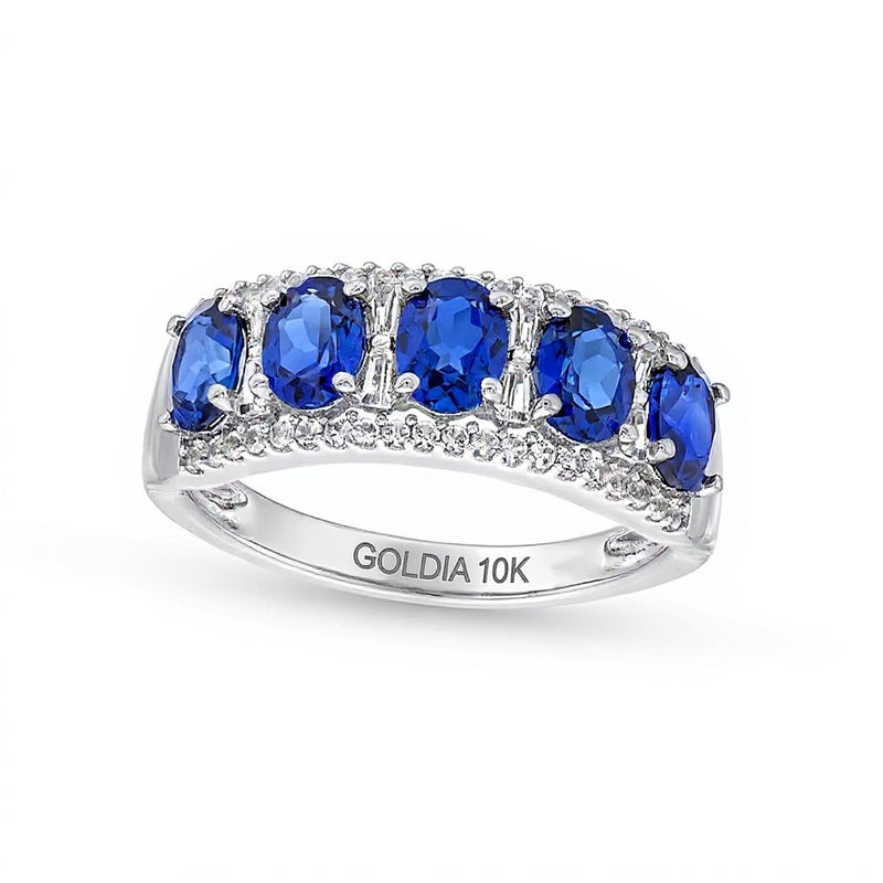 Oval Blue Lab-Created Sapphire and 0.25 CT. TW Diamond Column Five Stone Ring in 10K White Gold