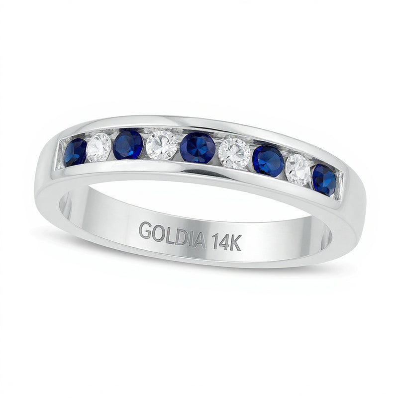 Blue Sapphire and 0.13 CT. TW Diamond Channel-Set Alternating Band in 14K White Gold