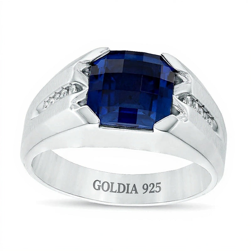 Cushion-Shaped Lab-Created Blue Sapphire and 0.05 CT. TW Diamond Ring in Sterling Silver