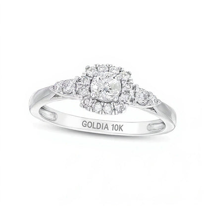 0.5 CT. TW Diamond Cushion-Shaped Frame Leaf-Sides Engagement Ring in 10K White Gold (J/I3)