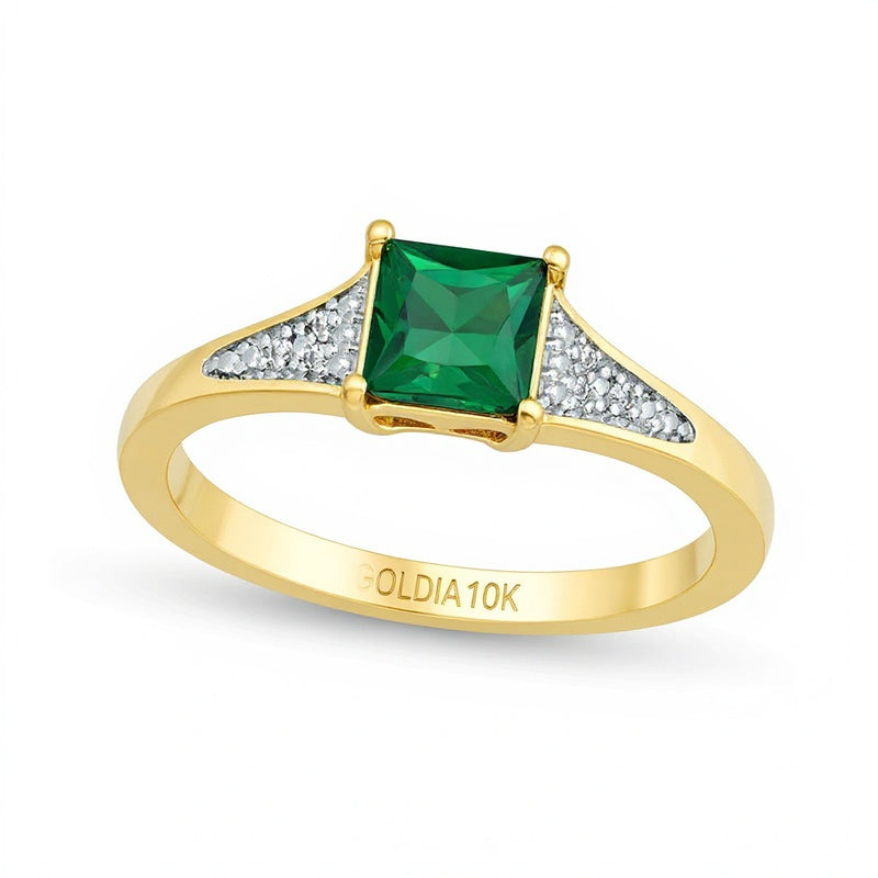5.0mm Princess-Cut Lab-Created Emerald and Diamond Accent Tri-Sides Ring in 10K Gold
