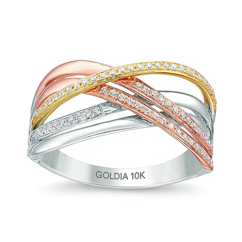0.2 CT. TW Diamond Open Crossover Ring in 10K Tri-Tone Gold