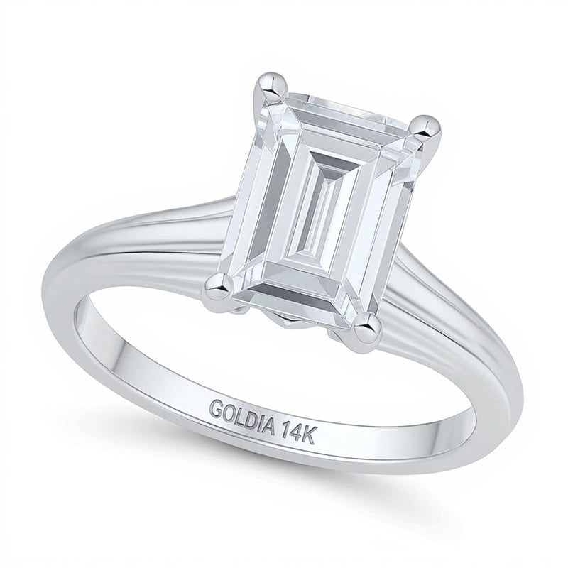 2.5 CT. Emerald-Cut Lab-Grown Diamond Solitaire Ribbed Shank Engagement Ring in 14K White Gold (F/VS2)