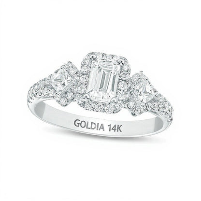 1.0 CT. TW Emerald-Cut Diamond Frame Past Present FutureÂ® Ornate Engagement Ring in 14K White Gold (I/I1)