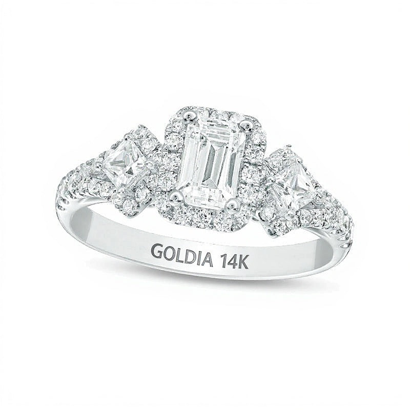 1.0 CT. TW Emerald-Cut Diamond Frame Past Present FutureÂ® Ornate Engagement Ring in 14K White Gold (I/I1)