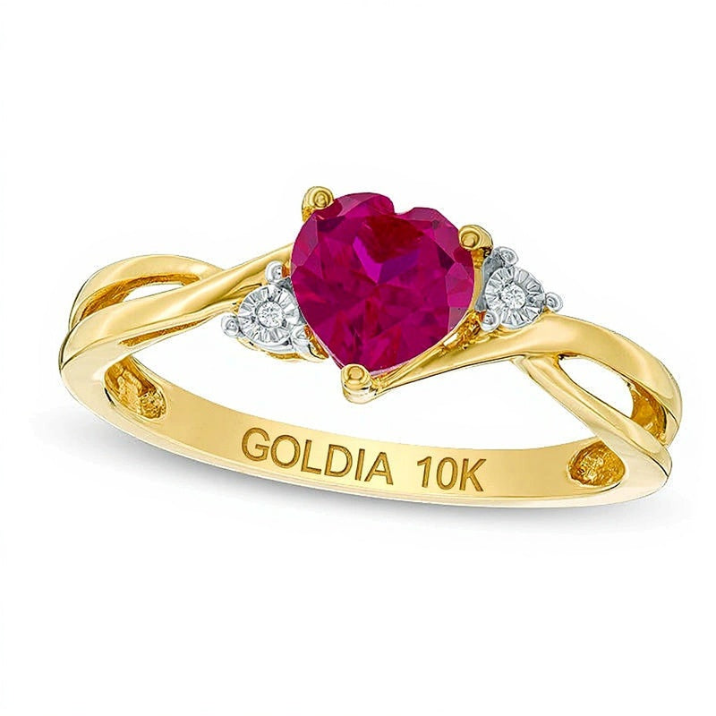 6.0mm Heart-Shaped Lab-Created Ruby and Diamond Accent Split Shank Ring in 10K Gold