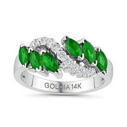 Marquise Emerald and 0.25 CT. TW Diamond Slant Ring in 14K White Gold