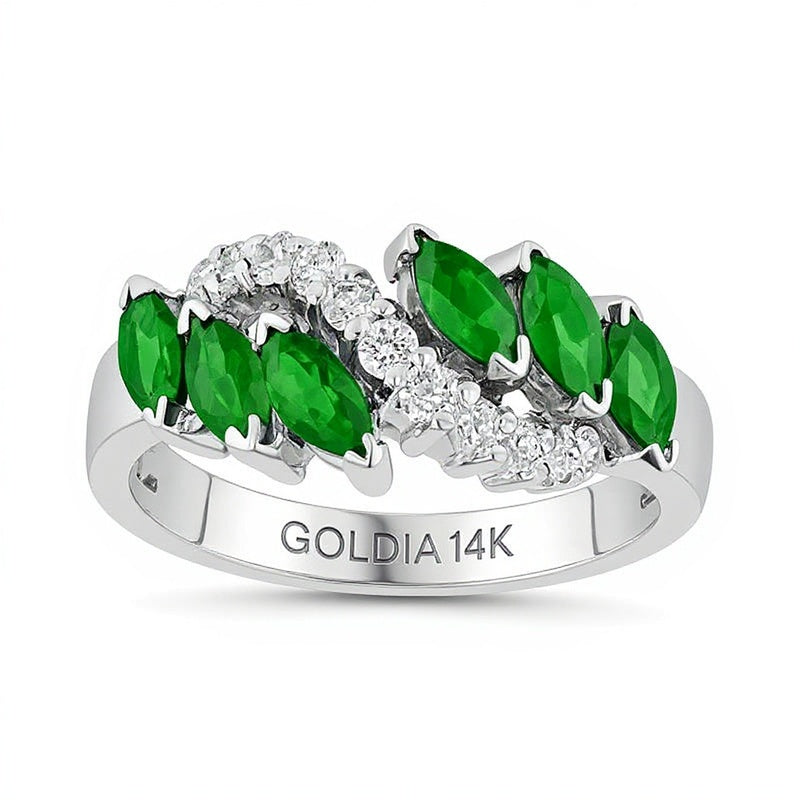 Marquise Emerald and 0.25 CT. TW Diamond Slant Ring in 14K White Gold