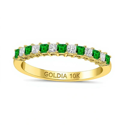 Princess-Cut Emerald and 0.2 CT. TW Princess-Cut Diamond Alternating Anniversary Band in 10K Gold