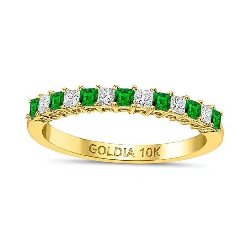 Princess-Cut Emerald and 0.2 CT. TW Princess-Cut Diamond Alternating Anniversary Band in 10K Gold