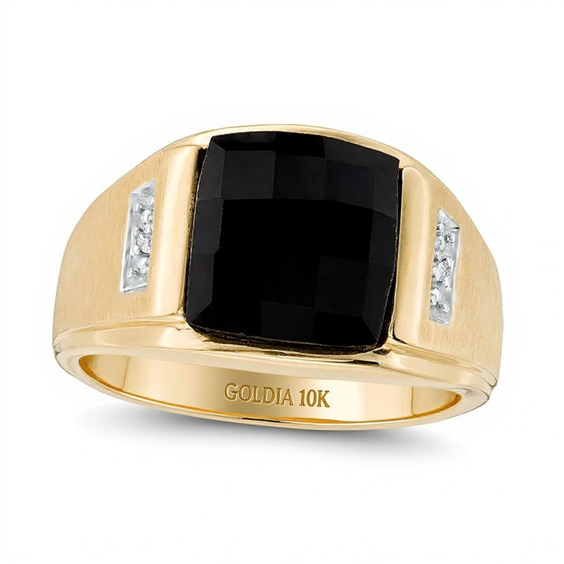 Rectangle Faceted Onyx and Diamond Accent Multi-Finish Ring in 10K Gold