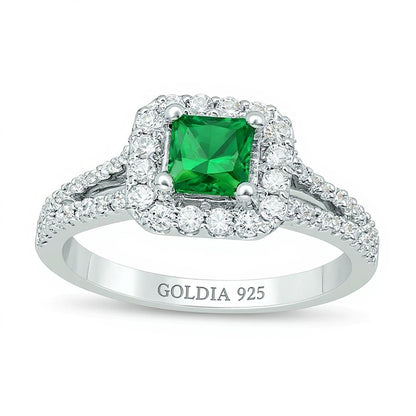 Princess-Cut Lab-Created Emerald, White Sapphire and 0.25 CT. TW Diamond Frame Engagement Ring in Sterling Silver