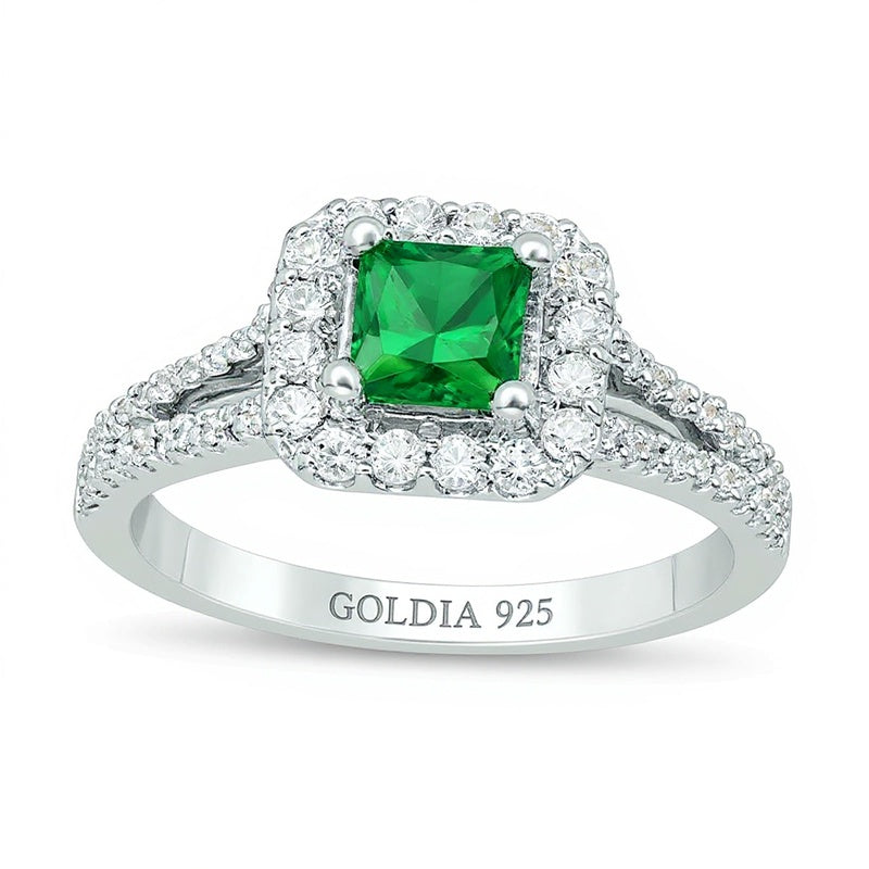 Princess-Cut Lab-Created Emerald, White Sapphire and 0.25 CT. TW Diamond Frame Engagement Ring in Sterling Silver