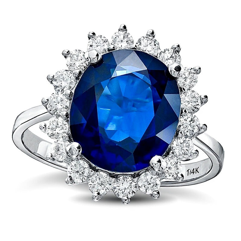 Oval Blue Sapphire and 0.63 CT. TW Diamond Frame Engagement Ring in 14K White Gold