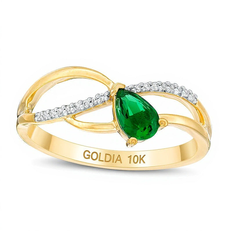 Pear-Shaped Lab-Created Emerald and 0.05 CT. TW Diamond Wave Ribbon Split Shank Promise Ring in 10K Gold