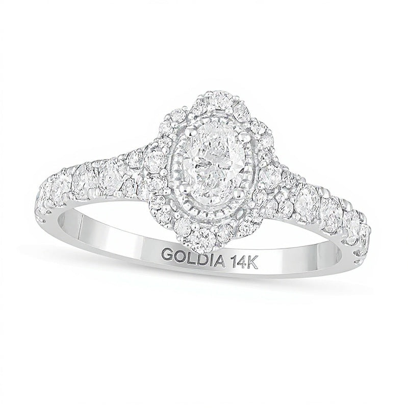 1.0 CT. TW Oval Diamond Scallop Frame Vintage-Style Engagement Ring in 14K White Gold
