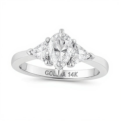 1.5 CT. TW Pear-Shaped and Trillion-Cut Diamond Three Stone Tapered Shank Engagement Ring in 14K White Gold (I/SI2)