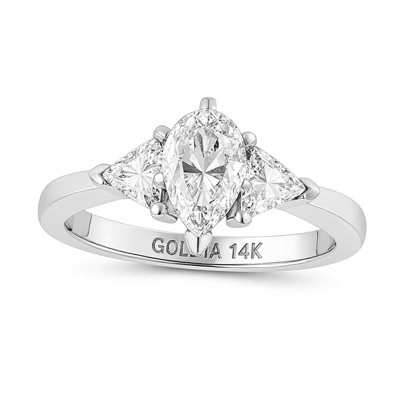 1.5 CT. TW Pear-Shaped and Trillion-Cut Diamond Three Stone Tapered Shank Engagement Ring in 14K White Gold (I/SI2)