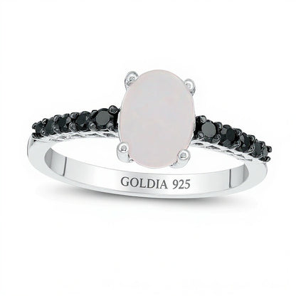 Oval Lab-Created Opal and 0.2 CT. TW Black Diamond Ring in Sterling Silver