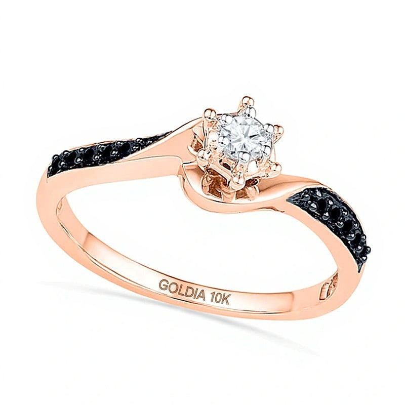 0.17 CT. TW Enhanced Black and White Diamond Swirl Promise Ring in 10K Rose Gold