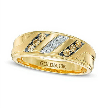 0.33 CT. TW Champagne and White Diamond Slant Ring in 10K Gold