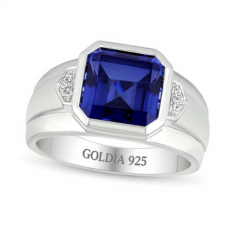 10.0mm Radiant-Cut Blue Lab-Created Sapphire and Diamond Accent Raised Collar Ring in Sterling Silver