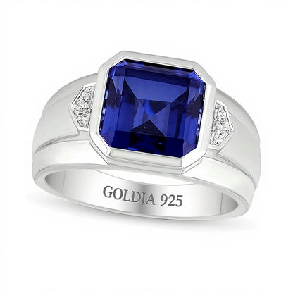 10.0mm Radiant-Cut Blue Lab-Created Sapphire and Diamond Accent Raised Collar Ring in Sterling Silver