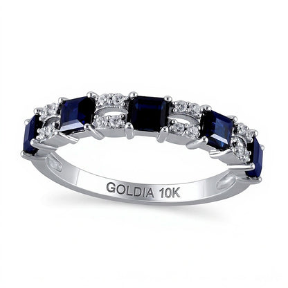 Princess-Cut Blue Sapphire and 0.1 CT. TW Diamond Split Duo Five Stone Alternating Ring in 10K White Gold