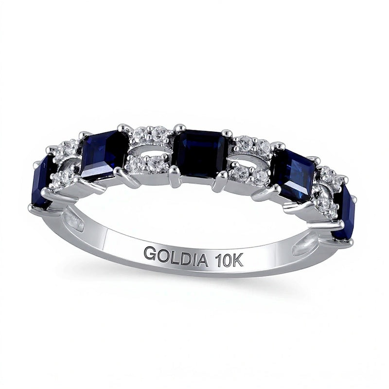 Princess-Cut Blue Sapphire and 0.1 CT. TW Diamond Split Duo Five Stone Alternating Ring in 10K White Gold