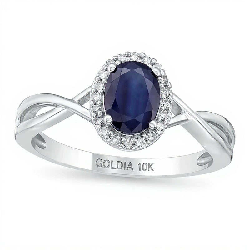 Oval Blue Sapphire and 0.07 CT. TW Diamond Frame Twist Shank Ring in 10K White Gold