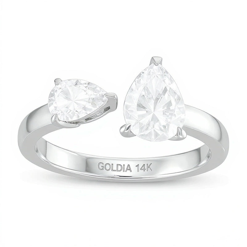 1.5 CT. TW Pear-Shaped Diamond Toi et Moi Open Shank Engagement Ring in 14K White Gold