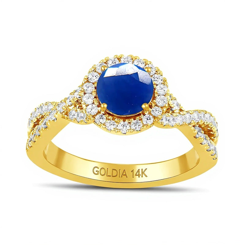 6.0mm Blue Sapphire and 0.5 CT. TW Lab-Grown Diamond Frame Crossover Shank Ring in 14K Gold