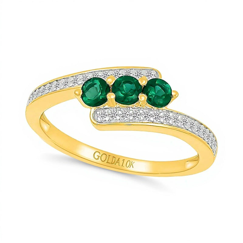 Lab-Created Emerald and 0.17 CT. TW Diamond Three Stone Bypass Ring in 10K Gold
