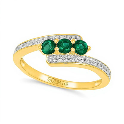 Lab-Created Emerald and 0.17 CT. TW Diamond Three Stone Bypass Ring in 10K Gold
