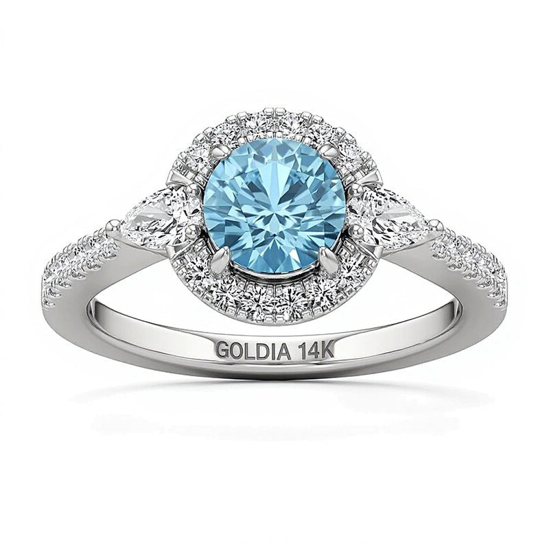 6.0mm Aquamarine and 0.5 CT. TW Lab-Grown Diamond Frame Ring in 14K White Gold