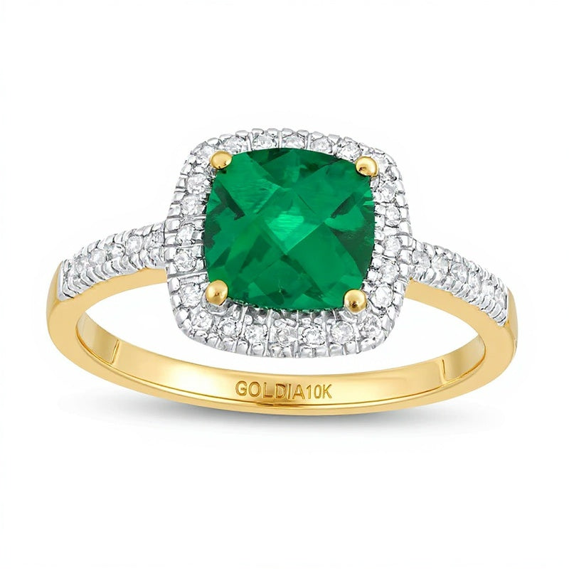 7.0mm Checkerboard Cushion-Shaped Lab-Created Emerald and 0.2 CT. TW Diamond Frame Ring in 10K Gold