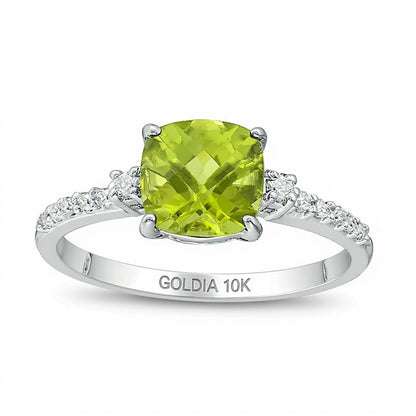 7.0mm Cushion-Shaped Peridot and 0.13 CT. TW Diamond Engagement Ring in 10K White Gold