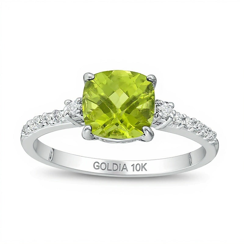 7.0mm Cushion-Shaped Peridot and 0.13 CT. TW Diamond Engagement Ring in 10K White Gold