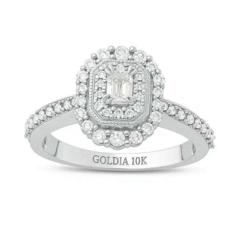 0.63 CT. TW Emerald-Cut Diamond Double Octagonal Frame Vintage-Style Engagement Ring in 10K White Gold