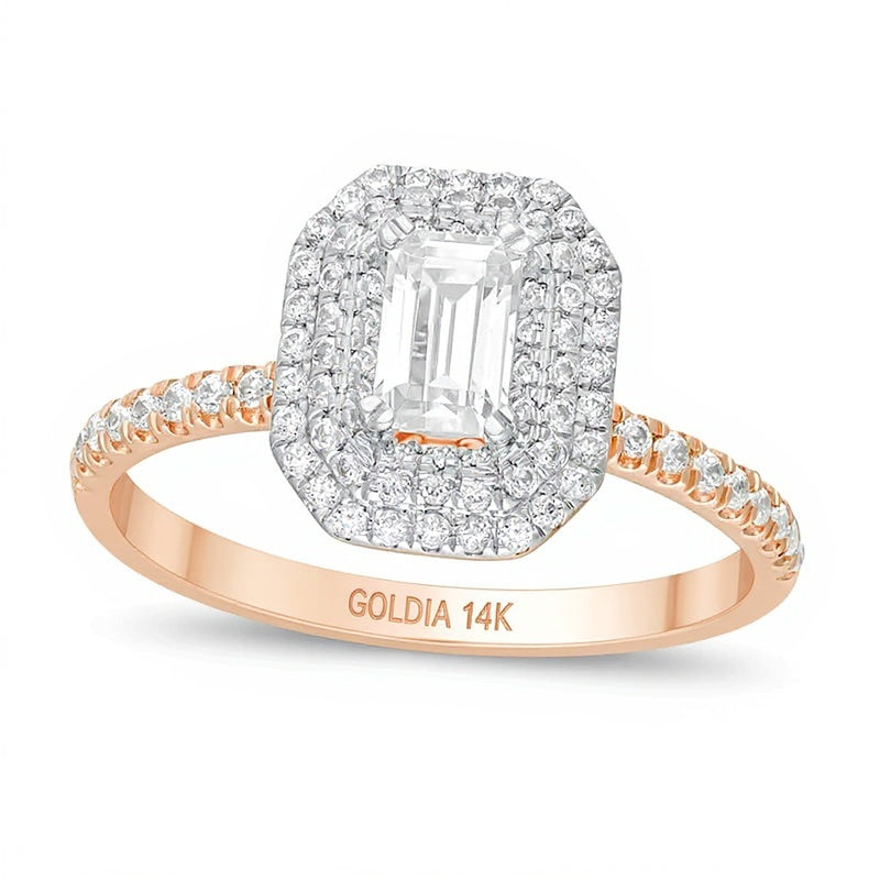 0.75 CT. TW Emerald-Cut Diamond Double Octagonal Frame Engagement Ring in 14K Rose Gold