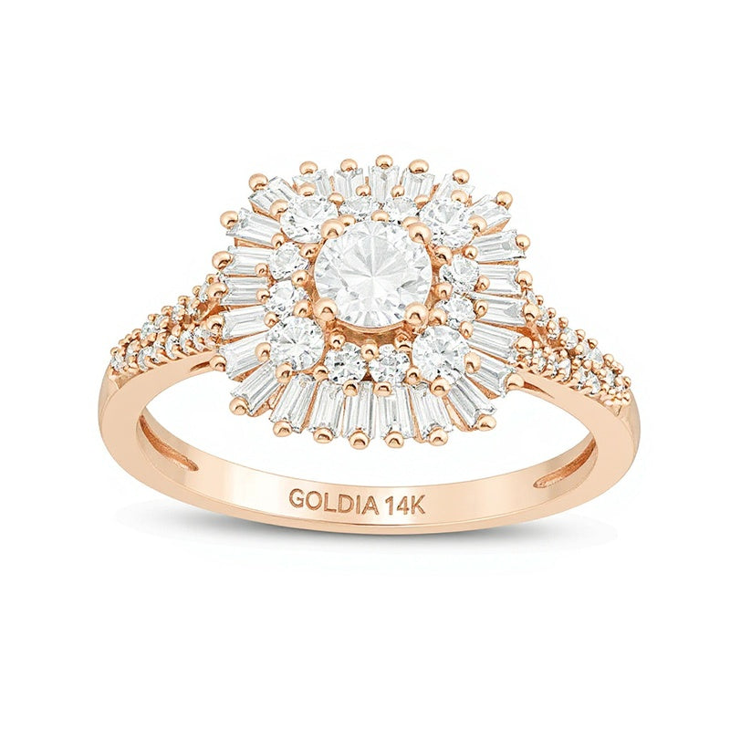 1.0 CT. TW Baguette and Round Diamond Starburst Frame Ring in 14K Rose Gold