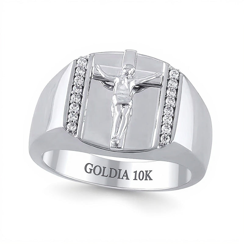 0.17 CT. TW Diamond Edge Rectangle-Top Crucifix Ring in 10K White Gold