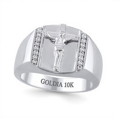 0.17 CT. TW Diamond Edge Rectangle-Top Crucifix Ring in 10K White Gold