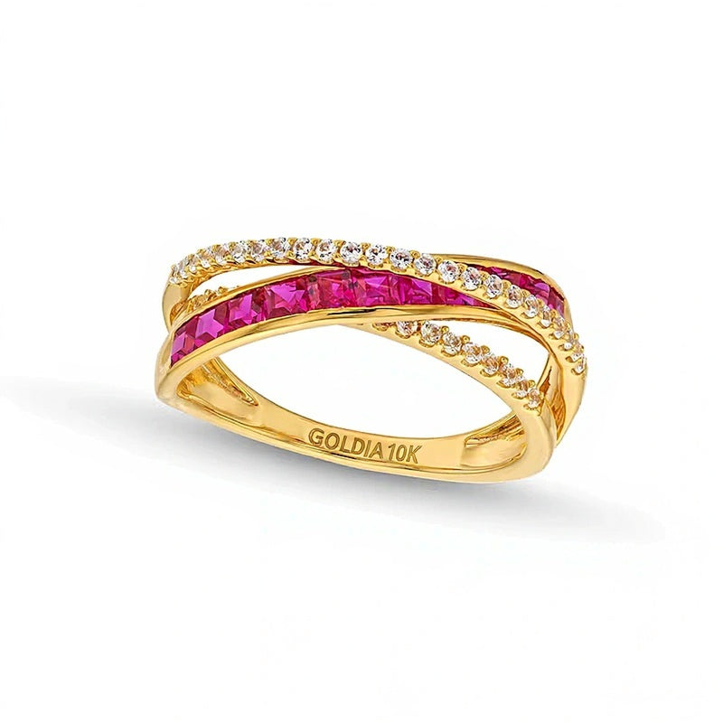 Princess-Cut Lab-Created Ruby and 0.2 CT. TW Diamond Criss-Cross Ring in 10K Gold